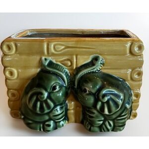 Vintage Green Ceramic Trunk Up Lucky Elephant Bamboo Planter Bonsai Succulents